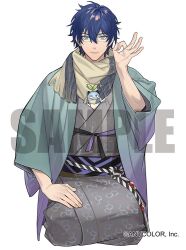 Rule 34 | 1boy, animal, animal in clothes, aqua eyes, aqua jacket, blue hair, closed mouth, copyright notice, fringe trim, full body, glasses, gr giri, gradient clothes, gradient jacket, grey kimono, hair between eyes, haori, hexagon print, jacket, japanese clothes, kimono, leos vincent, looking at viewer, male focus, mameneko (leos vincent), money gesture, nijisanji, official art, open clothes, open jacket, print kimono, purple jacket, purple sash, sample watermark, sash, scarf, seiza, short hair, simple background, sitting, smile, solo, straight-on, striped sash, virtual youtuber, watermark, white background, white scarf