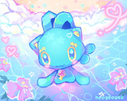 :3 animal_ears antennae artist_name blue_skin cat_ears colored_skin colorful commentary english_commentary fakemon flower fusion gem gen_3_pokemon gen_4_pokemon heart hibiscus highres hue_shifting legendary_pokemon looking_at_viewer manaphy mythical_pokemon neogeopet nintendo no_humans original pokemon pokemon_(creature) pokemon_focus sand skitty solo water yellow_eyes