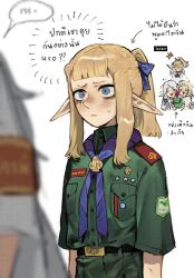 1boy 2girls alternate_universe blonde_hair blue_eyes blush bow braid chibi chibi_inset dungeon_meshi elf fleki green_shirt hair_bow highres long_hair lycion multiple_girls nova_1810 pattadol pointy_ears ponytail school_uniform shirt short_sleeves simple_background speech_bubble sweatdrop thai_school_uniform thai_text translation_request white_background white_shirt