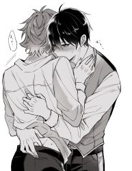 2boys absurdres ace_trappola belt blush commentary_request cowboy_shot deuce_spade dimples_of_venus greyscale hair_between_eyes hand_on_another&#039;s_back hand_on_another&#039;s_chest highres long_sleeves looking_ahead male_focus mofu_twst monochrome multiple_boys neck_blush pants shirt short_hair simple_background sleeve_cuffs speech_bubble twisted_wonderland vest white_background yaoi