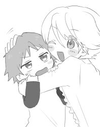 Rule 34 | 2boys, blush, commentary request, greyscale, half-closed eyes, hanamura yousuke, hand on another&#039;s head, highres, hug, kuma (persona 4), long sleeves, looking at viewer, male focus, monochrome, multiple boys, one eye closed, open mouth, persona, persona 4, shirt, short hair, simple background, smile, upper body, w6wa4, white background