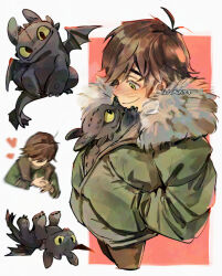 aged_down animal brown_hair brown_pants colored_sclera dragon fur_jacket green_eyes green_jacket green_sclera hands_in_pockets heart hiccup_horrendous_haddock_iii how_to_train_your_dragon_(series) jacket kadeart looking_at_another lying on_back pants parka small_dragon smile tongue tongue_out toothless two-tone_background upper_body western_dragon