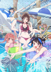 5girls beach_umbrella bikini black_hair blue_bikini blue_hair braid breasts brown_hair commentary_request copyright_name earrings frilled_bikini frills hirayama_kanna holding indoors inflatable_dolphin inflatable_toy jewelry kanojo_okarishimasu large_breasts long_hair looking_at_viewer mizuhara_chizuru multicolored_hair multiple_girls nanami_mami navel official_art open_mouth outstretched_arms partially_submerged pink_hair pool promotional_art sakurasawa_sumi sarashina_ruka side-tie_bikini_bottom standing standing_on_one_leg streaked_hair swimsuit umbrella water yaemori_mini