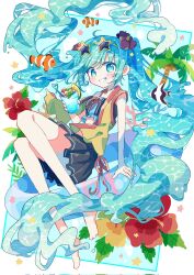1girl ahoge bare_arms barefoot black_skirt blue_eyes blue_hair blush clownfish commentary_request corrupted_twitter_file cup drink drinking_straw eyewear_on_head fish full_body futaba969649 grin hatsune_miku highres holding holding_cup liquid_hair long_hair looking_at_viewer pleated_skirt shirt skirt sleeveless sleeveless_shirt smile solo star-shaped_eyewear star_(symbol) sunglasses twintails very_long_hair vocaloid yellow_shirt
