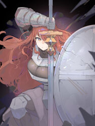1girl absurdres armor azz0422 black_background breastplate breasts brown_eyes brown_hair cleavage closed_mouth commentary_request crotch_plate gauntlets highres holding holding_shield holding_sword holding_weapon large_breasts long_hair looking_to_the_side original poleyn see-through_cleavage see-through_clothes shield simple_background solo sweatdrop sword vambraces weapon