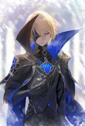 1boy black_cape black_gloves black_jacket black_mask black_pants blonde_hair blue_eyes blurry blurry_background breath cape cold collared_cape commentary dainsleif_(genshin_impact) genshin_impact gloves gold_trim hair_between_eyes half_mask hand_up highres jacket long_sleeves looking_down male_focus mask mask_over_one_eye moemoenomori pants parted_lips popped_collar short_hair snowflakes snowing solo standing symbol-only_commentary two-sided_cape two-sided_fabric