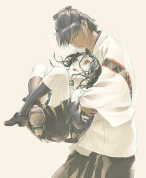 Rule 34 | 1boy, 1girl, black footwear, black hair, black shirt, black skirt, black socks, brown hair, carrying, carrying person, chonmage, dark-skinned male, dark skin, hakama, japanese clothes, kneehighs, kyousai, leuco, looking at another, nurarihyon no mago, red eyes, shirt, simple background, skirt, socks, topknot, torii natsumi, upper body, white shirt