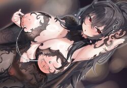 1girl absurdres areola_piercing arm_up armpits artist_request black_hair blush breasts cleavage hair_between_eyes hair_ornament heart highres huge_breasts inverted_nipples long_hair looking_at_viewer nipple_piercing open_mouth original piercing pussy red_eyes second-party_source solo sweat