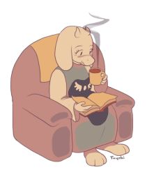 1girl armchair bad_id bad_pixiv_id book chair cup dress female_focus furry furry_female goat_horns holding holding_cup horns monster_girl open_book sitting solo steam tabard temmie_chang toriel undertale white_background