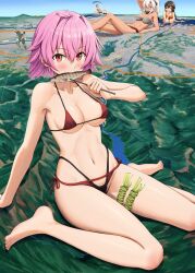 aircraft airplane barefoot bikini blue_sky breasts dark-skinned_female dark_skin day eating fish_(food) highres ichikawa_feesu kantai_collection kashima_(kancolle) katori_(kancolle) medium_breasts micro_bikini mountain multi-strapped_bikini_bottom musashi_(kancolle) outdoors pink_hair red_eyes short_hair side-tie_bikini_bottom sitting sky solo_focus souya_(kancolle) squatting swimsuit tama_(kancolle) wariza