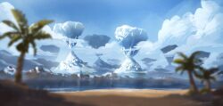 Rule 34 | artist name, blue sky, blurry, blurry foreground, cloud, cloudy sky, depth of field, floating island, lake, landscape, mountainous horizon, no humans, original, outdoors, painterly, reflection, reflective water, scenery, signature, sky, zandra