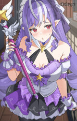 1girl :o absurdres ahoge bibitapel black_nails black_pantyhose blush breasts cleavage commentary dress english_commentary fingerless_gloves gloves highres holding holding_staff large_breasts long_hair magical_girl mole mole_under_eye pantyhose pointy_ears purple_dress purple_hair red_eyes solo staff twitter_username very_long_hair vivian_banshee white_gloves zenless_zone_zero
