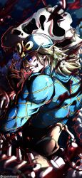 Rule 34 | 1boy, argyle clothes, argyle sweater, blonde hair, blue helmet, blue sweater, bow, brown corset, brown gloves, commentary, corset, cracked skin, dinosaur skeleton, dio brando&#039;s pose (jojo), english commentary, from behind, gloves, helmet, highres, jojo no kimyou na bouken, jojo pose, looking at viewer, male focus, medium hair, messy hair, noonvincent, scary monsters (stand), solo, stand (jojo), steel ball run, sweater, yellow bow