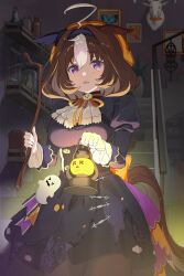 Rule 34 | 1girl, @ @, animal ears, black dress, brown hair, burger yammmm, dress, ear covers, ghost ornament, hairband, hashtag-only commentary, highres, holding, holding lantern, horse ears, horse girl, jack-o&#039;-lantern brooch, jack-o&#039;-lantern ornament, juliet sleeves, lantern, long sleeves, meisho doto (dot-o&#039;-lantern) (umamusume), meisho doto (umamusume), multicolored hair, official alternate costume, puffy sleeves, purple eyes, purple hairband, single ear cover, solo, t.m. opera o (umamusume), two-tone hair, umamusume, white hair