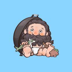1boy barefoot beard black_hair blue_background blush bugle chibi covered_mouth creature dungeon_meshi dwarf facial_hair full_body golem hair_slicked_back hashtag-only_commentary highres holding instrument kara_0907 kelpie long_beard looking_at_viewer male_focus male_underwear mustache no_headwear no_pants nose_blush senshi_(dungeon_meshi) simple_background sitting soles solo stuffed_toy topless_male underwear white_male_underwear wok