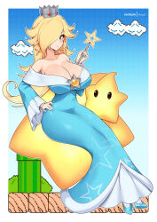 1girl bare_shoulders blonde_hair blue_background blue_dress blue_eyes blue_footwear blue_nails border breasts cleavage collarbone crown dress gradient_background hair_over_one_eye high_heels holding holding_wand large_breasts long_sleeves luma_(mario) mario_(series) nail_polish nintendo rosalina sitting super_mario_galaxy virus-g wand warp_pipe white_border