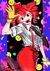 1girl absurdres alternate_costume arm_up ass black_background black_necktie collared_shirt drill_hair gloves hachi_h1 hair_between_eyes hat head_tilt highres jumping kasane_teto legs_up letterboxed mesmerizer_(vocaloid) necktie pants red_hat red_pants sharp_teeth shirt short_sleeves sleeves_rolled_up smiley_face solid_circle_eyes solo striped_clothes striped_shirt suspenders teeth tongue tongue_out twin_drills utau wing_collar yellow_gloves
