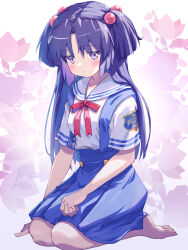 Rule 34 | 1girl, akayama yukihe, blue hair, blue skirt, clannad, floral background, full body, hair bobbles, hair ornament, highres, hikarizaka private high school uniform, ichinose kotomi, purple eyes, red ribbon, ribbon, sailor collar, sailor shirt, school uniform, seiza, serafuku, shirt, sitting, skirt, solo, suspender skirt, suspenders, two side up, white sailor collar, white shirt
