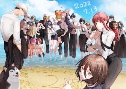 6+boys 6+girls absurdres angel_devil_(chainsaw_man) angel_wings arm_around_neck arm_up back-to-back bat_devil_(chainsaw_man) beach beam_(chainsaw_man) black_choker black_coat black_dress black_hair black_necktie black_pants black_ribbon black_sclera black_skirt blonde_hair blue_hoodie blue_sky blush bow braid braided_ponytail breasts brown_hair cardigan carrying chainsaw chainsaw_man choker closed_eyes cloud coat collared_shirt colored_sclera cosmo_(chainsaw_man) cross-shaped_pupils dangling_eye denji_(chainsaw_man) dress extra_eyes eyepatch facial_hair fox_devil_(chainsaw_man) futakuchi-onna green_hair grey_hair grey_hoodie hair_bow hair_ornament hair_over_one_eye hairclip halo hayakawa_aki height_difference higashiyama_kobeni highres himeno_(chainsaw_man) hood hoodie horns hug hunched_over husky katana_man_(chainsaw_man) kishibe_(chainsaw_man) kotochi_re large_breasts long_(chainsaw_man) long_hair looking_at_another looking_at_viewer looking_back looking_to_the_side makima_(chainsaw_man) medium_hair meowy_(chainsaw_man) mole mole_under_eye multiple_boys multiple_girls nayuta_(chainsaw_man) necktie open_mouth pale_skin pants pants_rolled_up piggyback pingtsi_(chainsaw_man) pink_hair plague_doctor_mask pochita_(chainsaw_man) ponytail power_(chainsaw_man) prehensile_hair princi_(chainsaw_man) purple_hair quanxi_(chainsaw_man) red_bow red_eyes red_hair red_hoodie red_horns reze_(chainsaw_man) ribbon ringed_eyes sand sand_art sawatari_akane_(chainsaw_man) shark_boy sharp_teeth shirt shirt_tucked_in short_hair short_ponytail sidelocks sideways_glance single_sidelock skirt sky sleeveless sleeveless_shirt sleeves_rolled_up smile soaking_feet spiked_hair squatting stitched_face stitched_mouth stitches stubble sweater swept_bangs symbol-shaped_pupils teeth tomato_devil_(chainsaw_man) tongue tongue_out topknot topless_male tsugihagi_(chainsaw_man) undercut v v_arms violence_fiend_(chainsaw_man) wading white_hair white_shirt white_wings wings yellow_cardigan yellow_eyes yellow_sweater