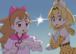 Rule 34 | 2girls, animal ears, animal print, belt, blonde hair, bow, bowtie, brown hair, cat ears, cat girl, elbow gloves, extra ears, gloves, highres, hood, hoodie, inukai komugi, kemono friends, long hair, multiple girls, precure, red eyes, ribbon, serval (kemono friends), shirt, short hair, simple background, skirt, sleeveless, sleeveless shirt, ueyama michirou, wonderful precure!, yellow eyes