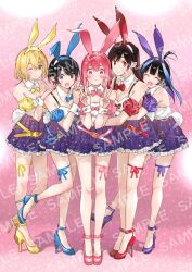 5girls alternate_costume animal_ears black_hair blonde_hair blue_bow blue_bowtie blue_eyes bow bowtie breasts brown_eyes brown_hair cleavage closed_eyes fake_animal_ears full_body happy high_heels highres kanojo_okarishimasu long_hair medium_breasts miyajima_reiji mizuhara_chizuru multiple_girls nanami_mami official_alternate_costume official_art one_eye_closed open_mouth pink_bow pink_bowtie rabbit_ears red_bow red_bowtie red_eyes red_hair sakurasawa_sumi sample_watermark sarashina_ruka short_hair skirt smile standing v watermark yaemori_mini yellow_bow yellow_bowtie yellow_eyes