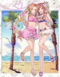 2girls aerith_gainsborough aerith_gainsborough_(pink_mermaid) beach bikini black_hair blue_sky braid braided_ponytail breasts brown_hair cleavage closed_mouth cloud cloudy_sky commentary_request cup final_fantasy final_fantasy_vii final_fantasy_vii_remake flower full_body green_eyes hair_flower hair_ornament hand_on_another&#039;s_arm hand_on_another&#039;s_stomach heart highres holding holding_cup large_breasts long_hair looking_at_viewer medium_breasts mirrorclew multiple_girls navel ocean open_mouth palm_tree pink_bikini ponytail red_eyes sand sandals sky smile standing standing_on_one_leg sunlight swimsuit teeth tifa_lockhart tifa_lockhart_(shining_spirit) tree upper_teeth_only water white_bikini