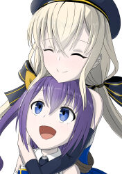 Rule 34 | 2girls, :d, ^ ^, absurdres, assault lily, asymmetrical gloves, bare shoulders, belt, beret, black bow, black gloves, black hat, blonde hair, blue eyes, blush, bow, brown belt, chin rest, closed eyes, closed mouth, collared shirt, commentary request, crossed bangs, elbow gloves, frilled shirt, frills, gloves, hair between eyes, hair bow, hair ribbon, hat, head on head, head rest, highres, hug, hug from behind, kawanabe nazuna, long hair, looking at another, looking up, low twintails, multiple girls, odaiba girls high school uniform, open mouth, orange ribbon, purple hair, ribbon, school uniform, shirt, side ponytail, sidelocks, simple background, sleeveless, sleeveless shirt, smile, striped bow, takehisa nakaba, twintails, two-tone shirt, upper body, white background, white gloves, white shirt, yadoo