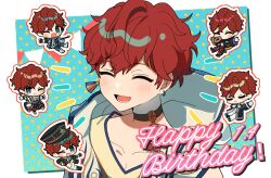 1boy amagi_hiiro black_hat blush chibi choker closed_eyes ensemble_stars! hair_between_eyes happy_birthday hat highres lower_teeth_only multiple_views one_eye_closed open_mouth red_hair shisokonbu short_hair smile string_of_flags teeth upper_body
