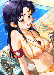 1girl arm_support artist_name beer_can bikini blush breasts brown_eyes can drink_can highres katsuragi_misato large_breasts legs lifeguard looking_at_viewer mature_female navel neon_genesis_evangelion nipples open_mouth pool purple_hair scar see-through_clothes smile snegovski solo swimsuit teeth thighs tongue water whistle whistle_around_neck yellow_bikini