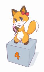 1girl animal_ears animal_nose blush blush_stickers body_fur borrowed_character bow brown_fur cleft_of_venus completely_nude controller ear_bow extra_breasts fang female_focus female_masturbation flying_sweatdrops fox_ears fox_girl fox_tail full_body furry furry_female furry_scale grey_eyes hands_up happy heart heart-shaped_pupils holding holding_remote_control kekitopu looking_at_viewer masturbation multicolored_fur nipples nude object_insertion open_mouth orange_fur original podium pussy pussy_juice pussy_juice_drip raised_eyebrows red_bow remote_control simple_background skin_fang smile snout solo standing symbol-shaped_pupils tail thick_thighs thighs trembling uncensored vaginal vaginal_object_insertion vibrator_cord white_background white_fur wide_hips