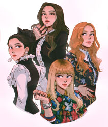 Rule 34 | 4girls, artist name, blackpink, blonde hair, blue eyes, bracelet, brown hair, chalseu, commentary, earrings, english commentary, eyeshadow, hand on own hip, highres, hoop earrings, jennie (blackpink), jewelry, jisoo (blackpink), lisa (blackpink), long hair, long sleeves, looking to the side, makeup, multiple girls, orange hair, pink lips, ponytail, real life, red nails, ring, rose (blackpink), upper body