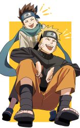 2boys absurdres black_jacket blonde_hair brown_hair closed_eyes facial_mark forehead_protector highres jacket konohagakure_symbol long_sleeves male_focus multiple_boys naruto_(series) naruto_shippuuden open_mouth orange_pants pants pnpk_1013 sarutobi_konohamaru scarf short_hair simple_background spiked_hair teeth tongue tongue_out uzumaki_naruto whisker_markings