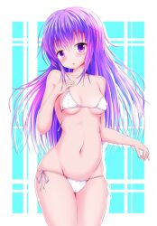 1girl bare_shoulders bikini blush breasts collarbone covered_erect_nipples cowboy_shot embarrassed hair_between_eyes highres hina_(sabrina_to_muryoku_na_tamashii) koucha_rakkyo long_hair looking_at_viewer navel open_mouth purple_eyes purple_hair sabrina_to_muryoku_na_tamashii side-tie_bikini_bottom small_breasts solo standing swimsuit thighs very_long_hair white_bikini