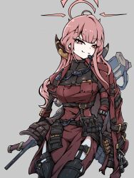 1girl aru_(blue_archive) black_thighhighs blue_archive breasts coat demon_girl demon_horns garter_belt grey_background gun gun_on_back h&amp;k_psg1 halo highres horns large_breasts long_hair military military_operator red_coat red_eyes red_hair red_halo rifle simple_background sniper_rifle thighhighs thighs weapon weapon_on_back yukiyuki_(yukiyukimac4260)