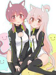 2girls ahoge animal_ear_fluff animal_ears black_thighhighs blush breasts brown_eyes c: cat_ears cat_girl cat_tail cleavage_cutout clothing_cutout colored_inner_hair commentary cosplay cosplay_request es04b grey_hair hair_between_eyes hair_ornament hair_over_shoulder heattech_leotard highres kemonomimi_mode leotard long_hair long_sleeves low_twintails medium_breasts multicolored_hair multiple_girls murosaki_miyo onii-chan_wa_oshimai! open_mouth oyama_mahiro pink_hair red_eyes red_hair sitting small_breasts smile tail thighhighs turtleneck twintails two-tone_hair zipper zipper_leotard