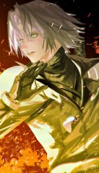 1boy aqua_eyes armor black_coat black_gloves black_sweater bracer chest_strap chinese_commentary clenched_teeth coat commentary_request embers final_fantasy final_fantasy_vii final_fantasy_vii_ever_crisis gloves grey_hair hand_up highres long_sleeves looking_to_the_side male_focus parted_bangs parted_lips pauldrons red_background sephiroth sephiroth_(ever_crisis) short_hair shoulder_armor signature slit_pupils solo sweater teeth turtleneck turtleneck_sweater upper_body yan_river