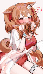 1girl aizuki_sui angelina_(arknights) angelina_(summer_flower)_(arknights) animal_ears arknights blush bracelet breasts brown_hair casual_one-piece_swimsuit cleavage commentary_request embarrassed fox_ears fox_girl fox_tail highres jewelry long_hair looking_at_viewer medium_breasts necklace official_alternate_costume one-hour_drawing_challenge one-piece_swimsuit partial_commentary red_eyes red_one-piece_swimsuit see-through_clothes simple_background sitting sketch solo speech_bubble spoken_blush swimsuit swimsuit_cover-up tail thigh_strap twintails white_background