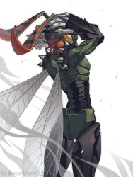 Rule 34 | bug, confeito000 333, cowboy shot, digimon, digimon (creature), digimon adventure 02, from behind, highres, insect wings, red hair, short hair, simple background, solo, stingmon, white background, wings