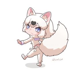 :3 animal_ears baggy_pants black_hair blue_eyes blue_trim blush capri_pants extra_ears full_body fur_collar hair_between_eyes highres kemono_friends kemono_friends_3 long_sleeves looking_at_viewer looking_back midriff_peek multicolored_hair official_alternate_costume pants raccoon_ears raccoon_girl raccoon_tail saival_cat shirt shoes short_hair sidelocks standing standing_on_one_leg tail tanuki_(kemono_friends) two-tone_hair white_fur white_hair white_pants white_shirt white_shoes