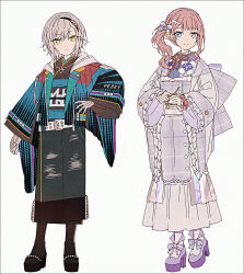 Rule 34 | 2girls, adapted costume, ano hi sora wa tookatta (project sekai), black hairband, black kimono, black pantyhose, black shoes, blue eyes, blue jacket, bow, brown hair, closed mouth, frilled sleeves, frills, gloves, green eyes, grey background, grey gloves, hair bow, hair ornament, hairband, hakusai (tiahszld), halftone, heart, heart hair ornament, high heels, highres, hinomori shiho, jacket, japanese clothes, kimono, long sleeves, mochizuki honami, multiple girls, obi, open clothes, open jacket, own hands together, pantyhose, project sekai, purple kimono, purple shoes, revision, sash, shoes, simple background, smile, standing, white pantyhose, wide sleeves, yureru mama demo kimi wa mae e (project sekai)