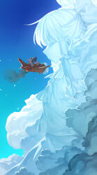 2girls absurdres aircraft airplane black_capelet black_skirt blonde_hair bloomers blue_sky capelet cloud cloud_focus commentary day dress hakurei_reimu hand_on_own_head hat highres long_sleeves maribel_hearn mob_cap multiple_girls outdoors purple_dress shirt skirt sky smoke touhou underwear usami_renko white_bloomers white_hat white_shirt yazato_ichimushi