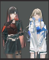 2girls azusawa_kohane black_border black_hair black_jacket black_pantyhose black_skirt blue_hair blue_shirt border breasts brown_hair closed_mouth colored_inner_hair cow crop_top earrings fishnets grey_background highres jacket jewelry long_hair long_sleeves looking_at_viewer medium_breasts mi10256399 midriff multicolored_hair multiple_girls official_alternate_costume open_clothes open_jacket pantyhose pantyhose_under_shorts parted_lips project_sekai red_hair red_shirt shadow shiraishi_an shirt shorts sidelocks skirt sparkle thigh_strap whip_the_wimp_girl!!_(project_sekai) white_jacket yellow_eyes