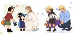 2girls 3boys :d :o ace_attorney adjusting_another&#039;s_clothes age_difference aged_down animal_ears apollo_justice apollo_justice:_ace_attorney ascot belt black_hair black_shorts blonde_hair blue_cape blue_dress blue_eyes blue_shirt blue_slippers boots brother_and_sister brothers brown_eyes brown_hair cape coat collared_cape collared_shirt denim dress dress_shirt drill_hair excited fake_animal_ears fake_tail family fur-trimmed_jacket fur_collar fur_trim glasses green_shorts grey_socks group_picture hair_between_eyes hair_over_shoulder halloween_bucket halloween_costume hat hi-fi_(fijazzy) highres jacket jeans klavier_gavin kristoph_gavin lamiroir_(ace_attorney) loafers long_hair long_sleeves mother_and_daughter mother_and_son multiple_boys multiple_girls open_mouth orange_socks pants patterned_background pumpkin purple_cape red_coat shirt shoes shorts siblings side_drill simple_background slippers smile socks squatting surprised suspenders tail trucy_wright vampire_costume walking white_dress white_shirt white_socks witch_hat
