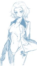 Rule 34 | 1girl, breasts, fda yoshifu, flower, highres, jacket, jacket on shoulders, leg tattoo, medium breasts, monochrome, naked jacket, navel, no bra, partially undressed, rose, rosehip (girls und panzer), short hair, smile, st. gloriana&#039;s military uniform, tattoo