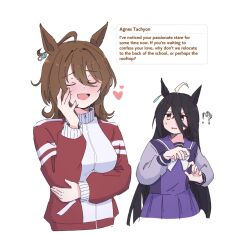 !? 2girls agnes_tachyon_(umamusume) ahoge animal_ears black_hair blush bow bowtie brown_eyes brown_hair closed_eyes coat commentary cropped_torso english_commentary english_text furrowed_brow gym_uniform hair_between_eyes heart highres horse_ears jacket long_hair long_sleeves looking_at_another manhattan_cafe_(umamusume) meyshi multiple_girls open_mouth parted_lips puffy_short_sleeves puffy_sleeves purple_bow purple_shirt purple_skirt red_jacket red_shorts school_uniform shirt short_hair short_sleeves shorts skirt speech_bubble sweat sweatdrop tracen_school_uniform umamusume white_bow white_bowtie white_shirt winter_uniform