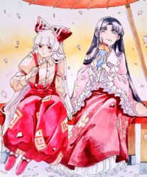 2girls ^_^ black_hair blunt_bangs bow closed_eyes closed_mouth collared_shirt commentary_request dango eating falling_petals food food_on_face frilled_sleeves frills fujiwara_no_mokou full_body hair_bow houraisan_kaguya ice_cream_crepe long_hair long_sleeves mokoiscat multiple_girls pants petals pink_shirt red_eyes red_pants red_shoes red_skirt shirt shoes sitting skirt suspenders touhou traditional_media umbrella very_long_hair wagashi white_hair white_shirt wide_sleeves