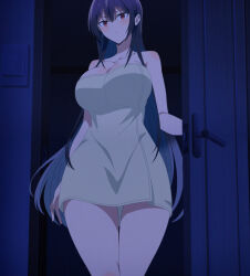 1girl absurdres anime_screenshot breasts closed_mouth collarbone cowboy_shot door doorway female_focus haite_kudasai_takamine-san highres large_breasts long_hair looking_at_viewer naked_towel purple_hair red_eyes sidelocks solo stitched takamine_takane thighs third-party_edit towel very_long_hair