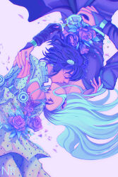 2boys absurdres black_hair blue_theme bridal_gauntlets bruno_bucciarati closed_eyes clothing_cutout flower hair_ornament hairclip highres jojo_no_kimyou_na_bouken kiss leone_abbacchio long_hair makeup male_focus medium_hair multiple_boys nail_polish nolvini pectoral_cleavage pectorals petals rose upside-down vento_aureo yaoi