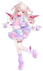1girl :d absurdres ahoge alternate_costume asymmetrical_legwear belt_collar brown_hair collar colored_inner_hair cropped_jacket demon_wings fangs frilled_skirt frills full_body hair_ornament hair_scrunchie heart heart_collar heart_hair_ornament highres jacket leg_tattoo long_hair long_sleeves looking_at_viewer loose_socks makaino_ririmu mary_janes midriff mismatched_legwear moeko_(moeko0903) multicolored_hair multicolored_skirt nail_polish navel nijisanji open_mouth pink_eyes pink_hair pink_nails pink_shoes pink_tank_top platform_shoes pointy_ears purple_jacket purple_scrunchie purple_socks scrunchie see-through_clothes see-through_sleeves shoes simple_background skirt sleeves_past_wrists smile socks solo standing standing_on_one_leg streaked_hair striped_clothes striped_socks tank_top tattoo two-tone_hair two_side_up virtual_youtuber white_background white_socks winged_heart_tattoo wings