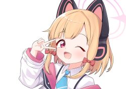Rule 34 | 1girl, ;d, absurdres, animal ear headphones, animal ears, blonde hair, blue archive, blue necktie, blunt bangs, blush, bow, cat ear headphones, cat ears, collared shirt, commentary request, dress shirt, fake animal ears, hair bow, halo, hand up, headphones, highres, hinatsuki 83, jacket, long sleeves, looking at viewer, low-tied sidelocks, momoi (blue archive), multicolored jacket, necktie, off shoulder, one eye closed, open mouth, parted bangs, pink eyes, pink halo, pink jacket, red bow, school uniform, shirt, short hair, sidelocks, simple background, smile, solo, suspenders, teeth, upper body, upper teeth only, v, v over eye, white background, white jacket, white shirt